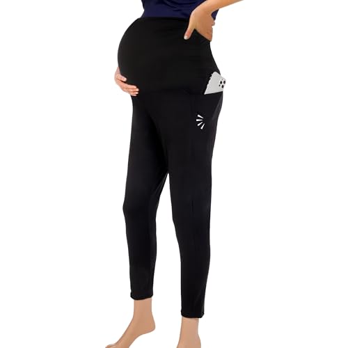 Maternity Leggings with Pockets, Over the Belly Pregnancy Yoga Pants - color: Black, size: XX-Large