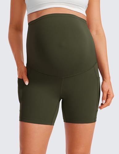 CRZ YOGA Maternity Biker Shorts Pockets 5" - color: Olive Green, size: Medium