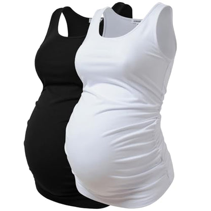 GINKANA Maternity Tank Tops Sleeveless Ruched Basic Tops Maternity Shirt Vest Mama Clothes - color: Balck/White, size: Medium