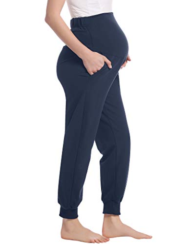 Joyaria Cotton Maternity Jogger Pants Over-the-Belly,Maternity Clothes - color: Navy Blue, size: XX-Large