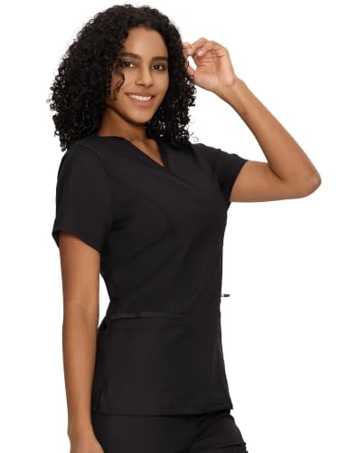 Scrub Tops for Woman, Mock Wrap Tops - color: Black, size: XX-Large