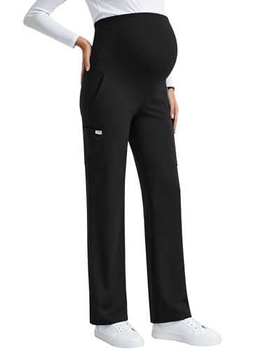 QBK Women's Maternity Scrub Pants Cargo Work Pants 4-Way Stretch 6 Pockets - color: Black, size: Small