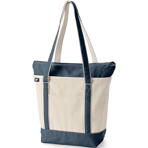 Lands' End Zip Canvas Tote - color: Natural/Radiant Navy, size: Medium Long Handle