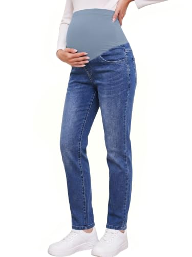 Yoklass Over The Belly Maternity Jeans Long Pants with Pockets - color: A02: Blue, size: Medium