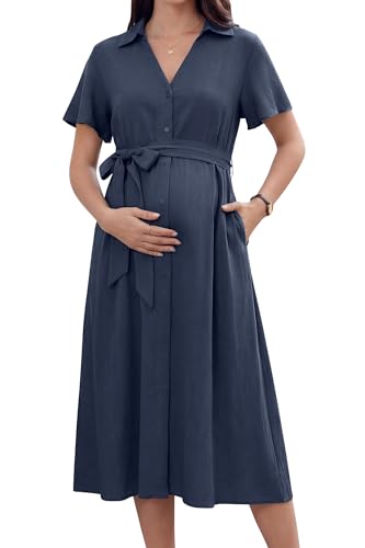 OUGES Women's Summer Maternity Dress Collar V Neck Button Down Tie Waist Casual Midi Dresses with Pockets 2026 - color: Navy, size: X-Large