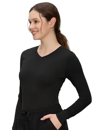 COZYFIT Women’s Underscrub Tee, V-Neck Long Sleeve Undershirt - color: Black, size: Medium