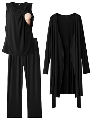 Rnxrbb 3 PCS Nursing Pajamas Robe Set Maternity Postpartum Pjs for Hospital - color: Black, size: Large