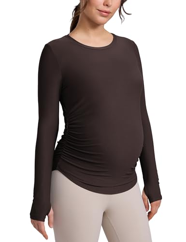 CRZ YOGA Maternity Side Ruched Tops - color: Hot Fudge Brown, size: Small