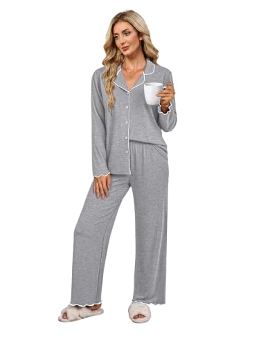 WIHOLL Women's Pajamas Sets Cute Ruffle Long Sleeve Button Up 2 Piece Pjs - color: Light Grey, size: Medium