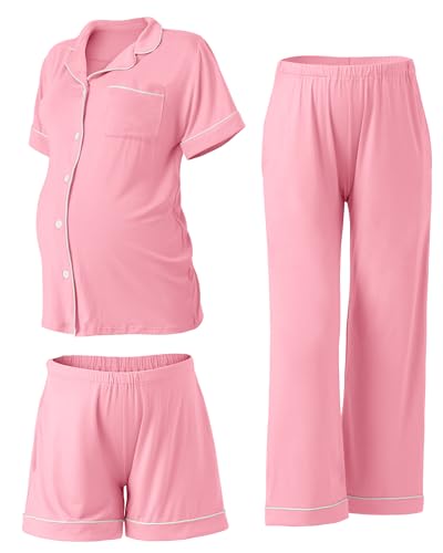Rnxrbb Button Down Maternity Pajamas Set Nursing Postpartum Pjs Clothes - color: New-pink, size: X-Small
