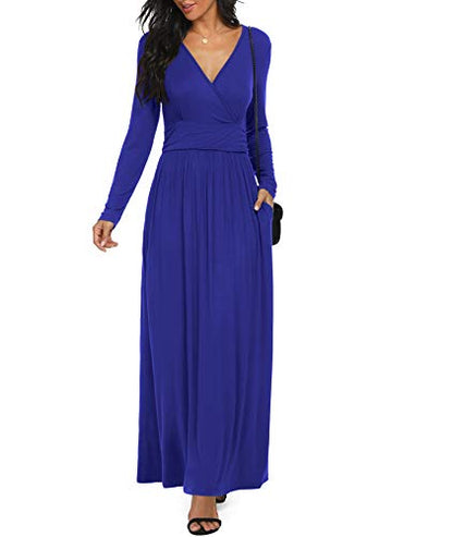 LILBETTER Women Long Sleeve Deep V Neck Loose Plain Long Maxi Casual Dress - color: Royal Blue, size: X-Large