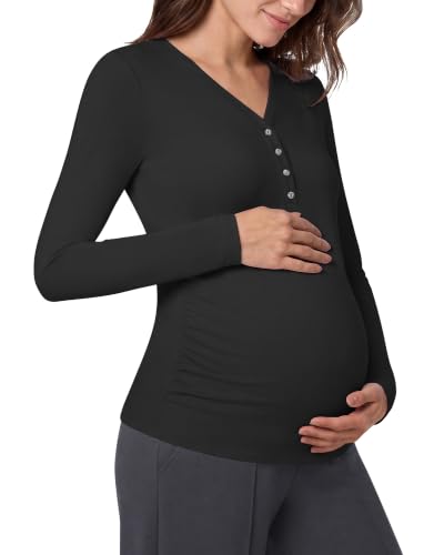 G4Free Lyocell Maternity Shirts Long Sleeve Button Front Henley Neck Ruched - color: Black, size: Large