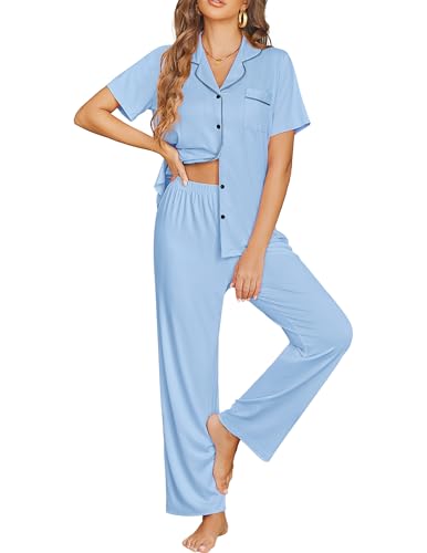 Ekouaer Womens Pajama Sets Button Down Lounge Sets 2 Piece Short Sleeve Pjs - color: Cool Blue, size: XX-Large