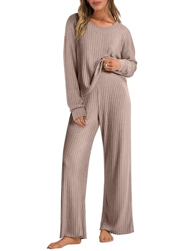 ANRABESS Women 2 Piece Lounge Pajamas Sets Casual Fall Outfits - color: Khaki, size: Large