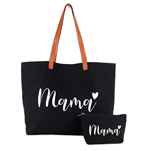 Lamyba New Mom Gifts, Mama Bag Tote with Makeup Bag, Cool Gifts for Mom to be/Expecting Mom - style: Mama-black