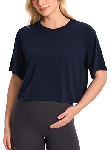 MOMANDA Cotton Modal Cropped Maternity Tops - color: Deep Ocean Blue, size: Small