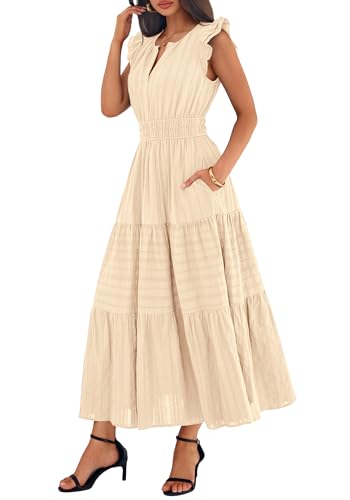 BTFBM Womens Summer Casual Ruffle Sleeve Maxi Dress - color: Apricot, size: Medium