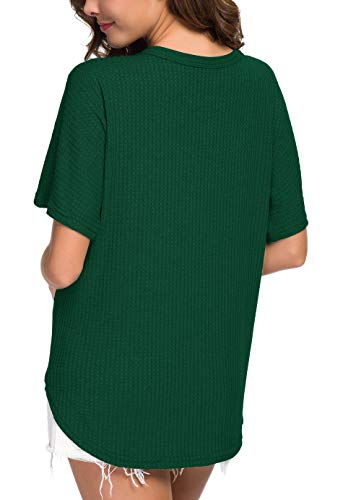 IWOLLENCE Women's Waffle Knit Tunic Blouse Tie Knot Short Sleeve Henley Tops Loose Fitting Bat Wing Shirts - color: C-dark Green, size: XX-Large