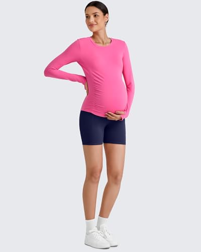 G4Free BareFeel Pregnancy Workout Tops Maternity Long Sleeve Shirts Ruches - color: Hot Pink, size: Small
