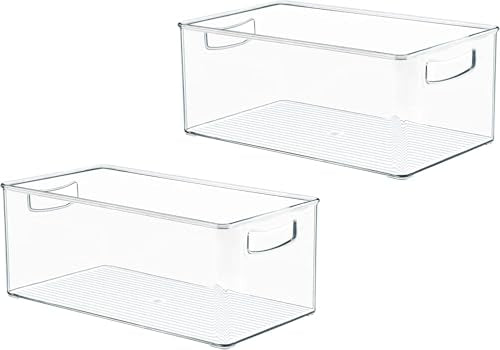 Hudgan 2 Pack Deep Freezer Organizer Bins, Straight Side Stackable Chest Freezer Storage Bins, Pantry organizers and Storage, Food-Grade Plastic