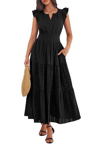 BTFBM Womens Summer Casual Ruffle Sleeve Maxi Dress - color: Black, size: Medium