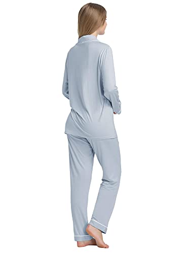 Cherrydew Women's Bamboo Viscose Cooling Long Sleeve Button Up Pajama Set - color: Dusty Blue, size: Small