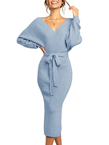 Womens Maxi Sweater Dress Long Sleeve Batwing Wrap V Neck Fall Dresses - color: 1-blue, size: Medium