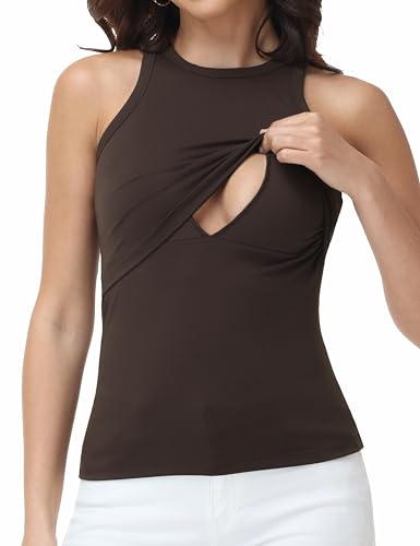 V VOCNI Racerback Nursing Tank Tops Sleeveless Breastfeeding Shirt - color: Coffee, size: Small