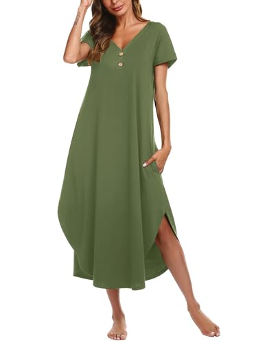 Ekouaer Long Nightgowns For Women Short Sleeve Midi Nightgown With Pockets - color: Army Green, size: Medium