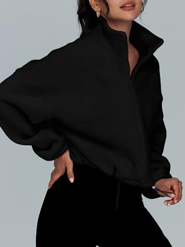 AUTOMET Womens Fleece Jackets Zip Up Oversized Cropped Sweatshirts - color: Black, size: Small