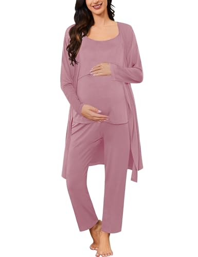 SWOMOG Maternity Nursing Robe Set 3 PCS Postpartum Pajamas Breastfeeding Pregnancy Robe & Camisole & Pants - color: Taro Purple, size: Medium