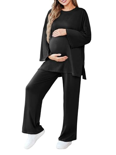 FMEYOA Womens Maternity Pajamas Sets 2 Piece Outfits Long Sleeve Tops and Pregnancy Loungewear Mama Clothes with Pockets - color: 02-black, size: Small