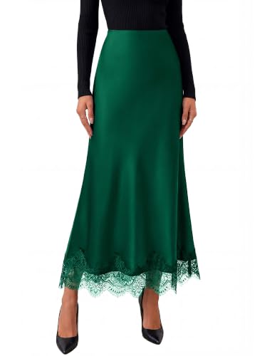 BTFBM Lace Trim Satin Skirts for Women Elegant - color: Dark Green, size: Large