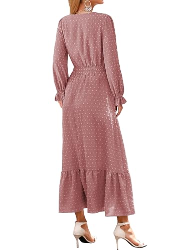 CzzzyL Women Nursing Boho Maxi Dress Swiss Dot Smocked with Pockets - color: S-pink, size: Small