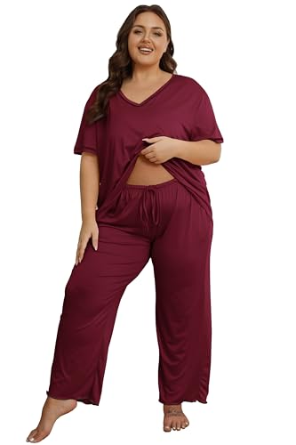 Vozanet Women's Plus Size Pajama Sets Short Sleeve Long Pants Solid Color with Piping Trim Elegant Loungewear Cozy Sleepwear - color: Wine Red, size: XX-Large