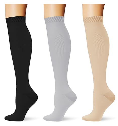 (3 pairs) Compression Socks 20-30 mmHg Long Knee High Socks for Women Men Support Athletic Travel Daily Wear - color: 3p7 Black/Nude/Lightgrey, size: Small-Medium