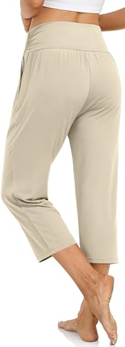 UEU Women's Yoga Capri Pants Loose Soft Drawstring Workout Sweatpants - color: Cream, size: X-Large