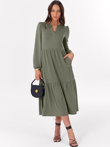 ANRABESS Women's Long Sleeve Fall Flowy Boho Maxi Dresses - color: Olive Green, size: Small