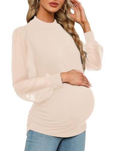 FMEYOA Women's Maternity Shirt Long Sleeve Top Mock Neck Blouse - color: Beige, size: Medium
