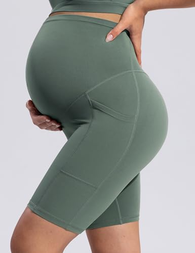 POSHDIVAH Creamluxe Maternity Biker Shorts with Pockets 6"/8" - color: Olive Mist, size: Medium