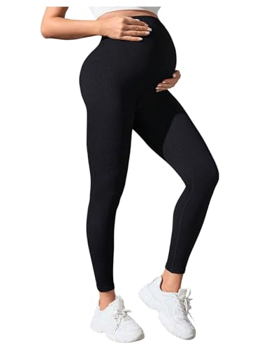 OYOANGLE Maternity High Waisted Ribbed Leggings Over The Belly Yoga Pants - size: Large