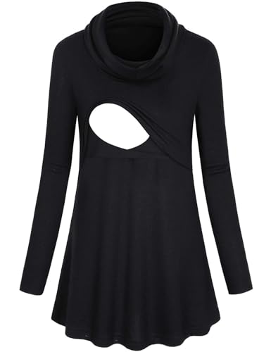 Joymom Maternity Warm Cowl Neck Nursing Sweatshirt Breastfeeding Tunic Tops - color: 43 Black, size: X-Large