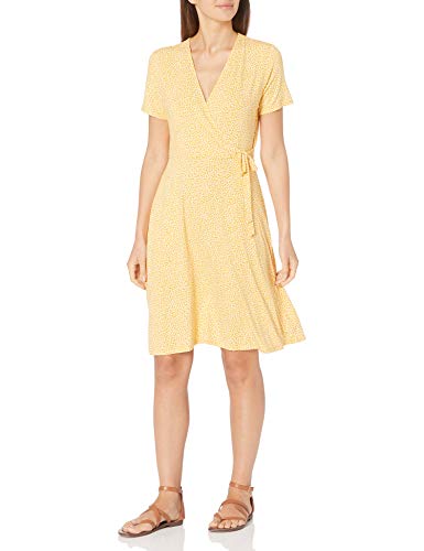 Amazon Essentials Women's Short Sleeve V Neck Faux-Wrap Dress, Fitted - color: Yellow Mini Tulip, size: X-Large