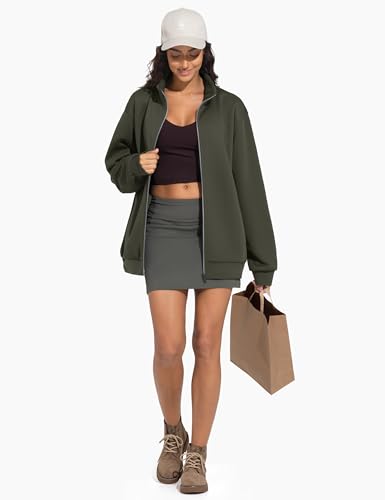 THE GYM PEOPLE Women's Oversized Zip Up Sweatshirts Fleece Mock Neck Jacket - color: Dark Brown, size: Large