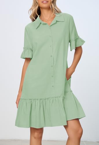 MEROKEETY Women's Summer Casual Tshirt Dress Button Down Shift Mini Dresses - color: Light Green, size: X-Large