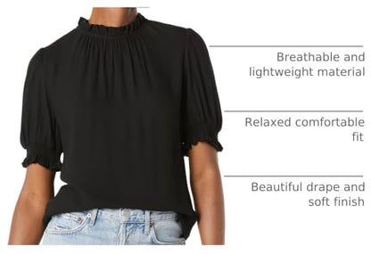 Amazon Essentials Women's Fluid Twill Short Puff Sleeve Ruffle Smock Detail Blouse - color: Black, size: X-Large