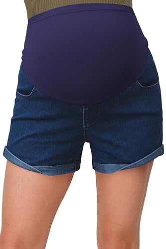 OUGES Womens Summer Maternity Denim Casual Pregnancy Shorts with Pockets - color: Dark Blue, size: Small