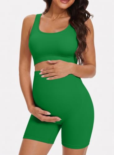 BLENCOT Maternity Workout Sets Pregnancy Yoga Ribbed Tank Tops with Bra - color: Green, size: Large