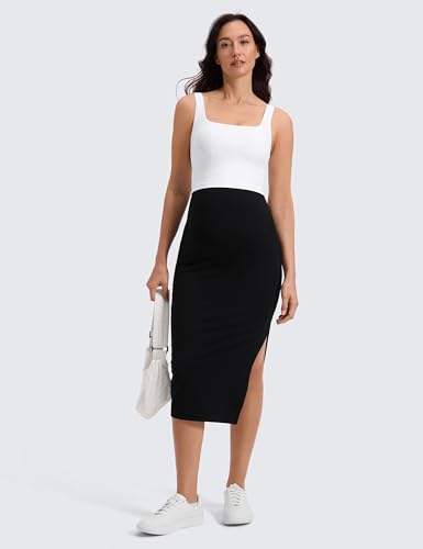 CRZ YOGA Maternity Side Split Midi Skirts - color: Black, size: X-Large