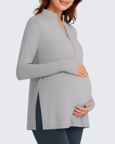 G4Free Lightbreeze Maternity Shirts Long Sleeve Half Zip Mock Neck Yoga - color: Silver Gray, size: XX-Large